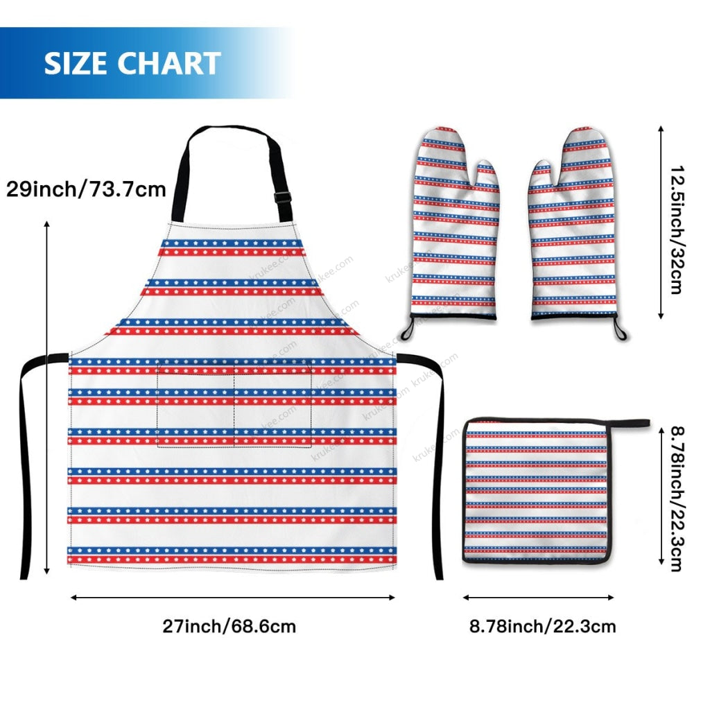 America Patriotic Red White Blue 4 Pack Kitchen Set (Set Of Apron 2 Oven Mitt And Pot Holder)