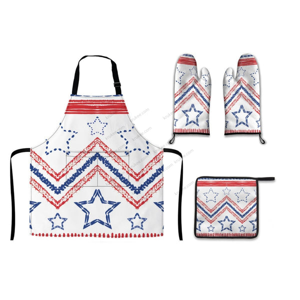 America Patriotic Red White Blue 4 Pack Kitchen Set (Set Of Apron 2 Oven Mitt And Pot Holder)