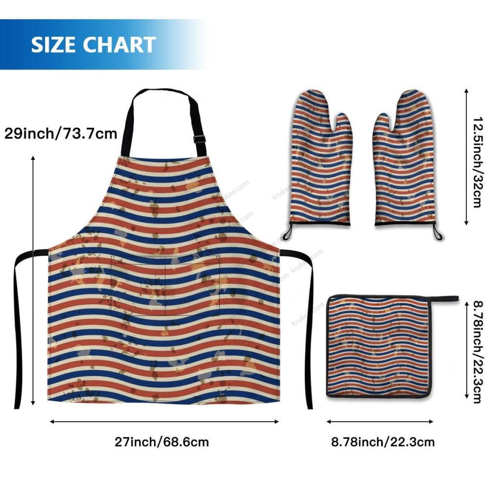 America Patriotic Red White Blue 4 Pack Kitchen Set (Set Of Apron 2 Oven Mitt And Pot Holder)