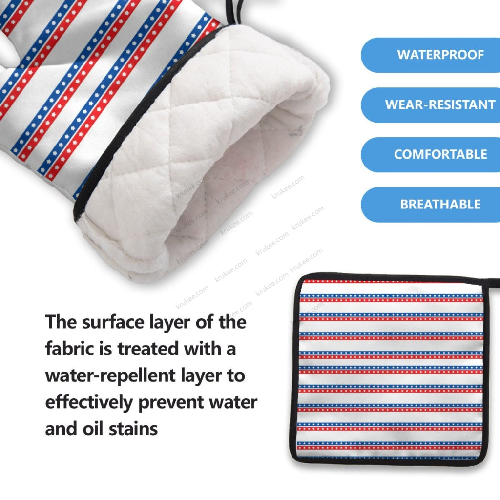 America Patriotic Red White Blue 4 Pack Kitchen Set (Set Of Apron 2 Oven Mitt And Pot Holder)