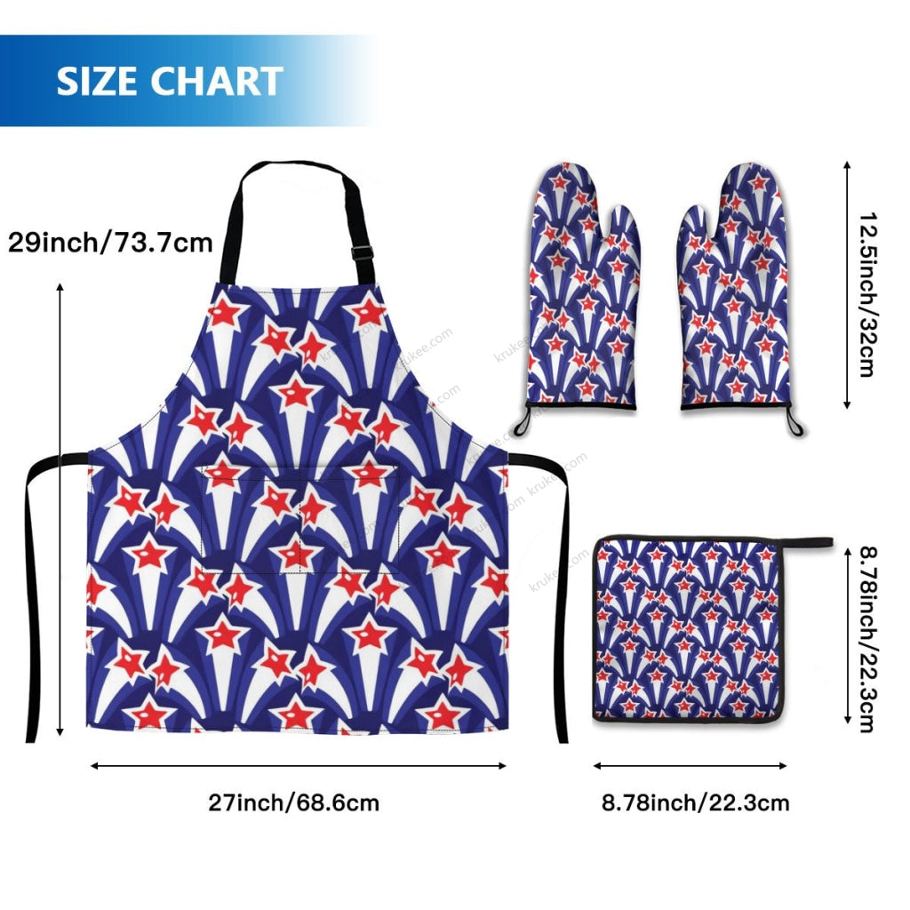 America Patriotic Red White Blue 4 Pack Kitchen Set (Set Of Apron 2 Oven Mitt And Pot Holder)