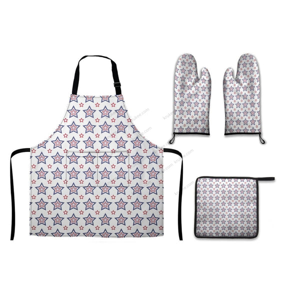 America Patriotic Red White Blue 4 Pack Kitchen Set (Set Of Apron 2 Oven Mitt And Pot Holder)