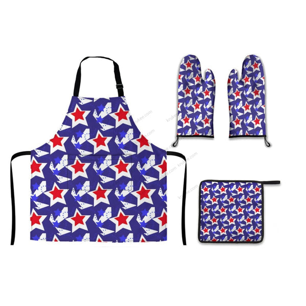 America Patriotic Red White Blue 5 Pack Kitchen Set (Set Of Apron 2 Oven Mitt And Pot Holder) Silver