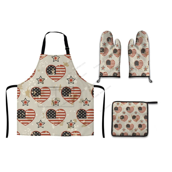 America Patriotic Red White Blue 4 Pack Kitchen Set (Set Of Apron 2 Oven Mitt And Pot Holder)