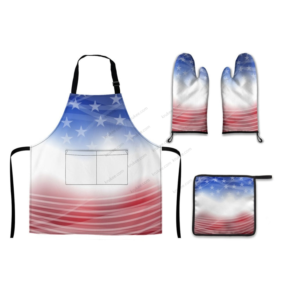 America Patriotic Red White Blue 4 Pack Kitchen Set (Set Of Apron 2 Oven Mitt And Pot Holder)