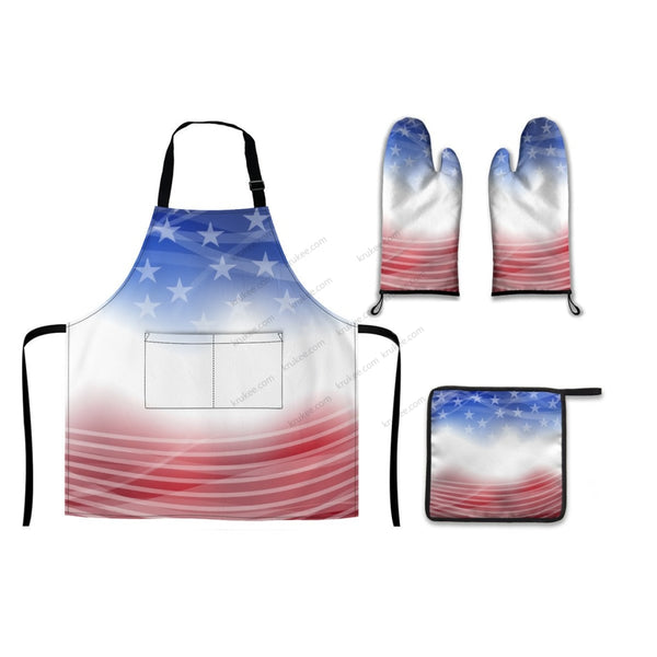America Patriotic Red White Blue 4 Pack Kitchen Set (Set Of Apron 2 Oven Mitt And Pot Holder)