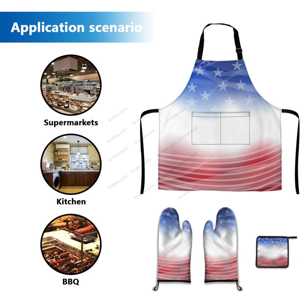 America Patriotic Red White Blue 4 Pack Kitchen Set (Set Of Apron 2 Oven Mitt And Pot Holder)