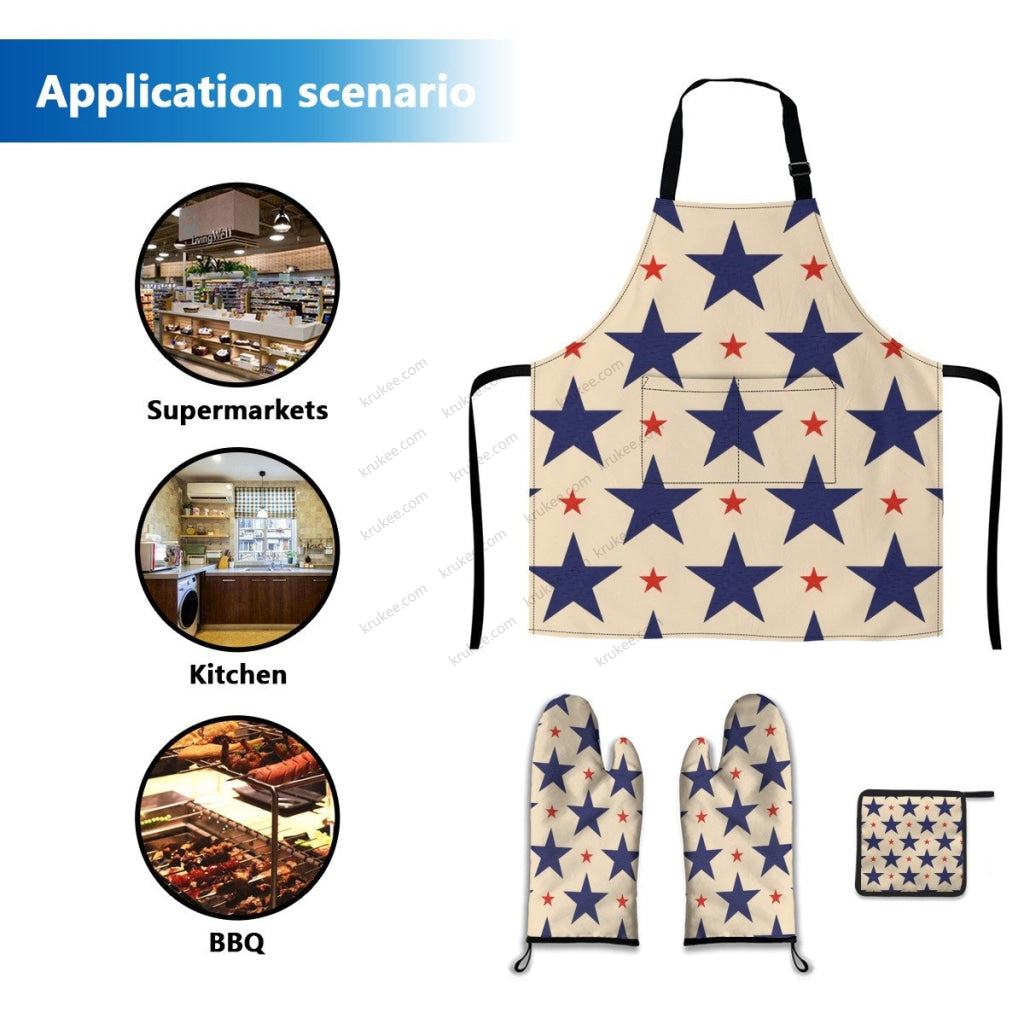 America Patriotic Red White Blue 4 Pack Kitchen Set (Set Of Apron 2 Oven Mitt And Pot Holder)