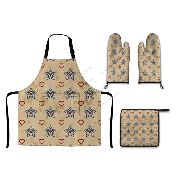 America Patriotic Red White Blue 4 Pack Kitchen Set (Set Of Apron 2 Oven Mitt And Pot Holder)