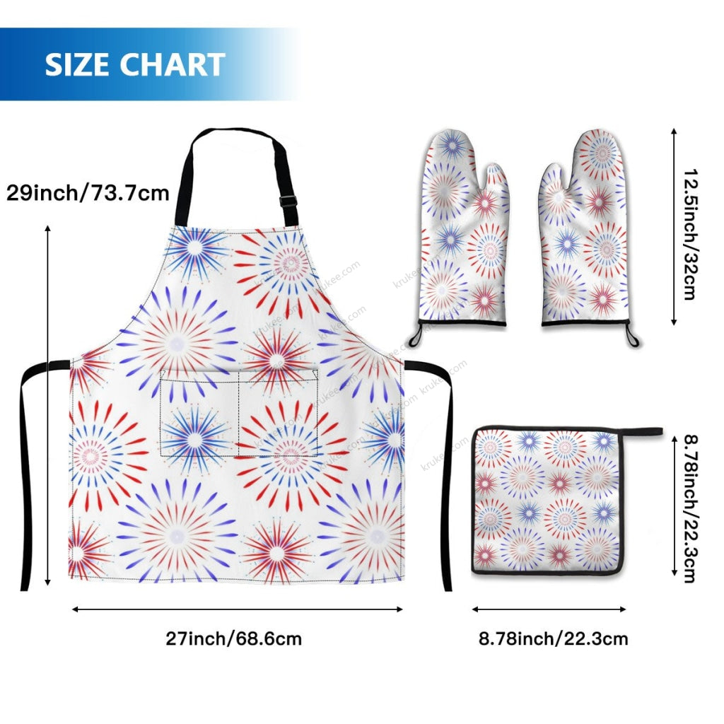 America Patriotic Red White Blue 4 Pack Kitchen Set (Set Of Apron 2 Oven Mitt And Pot Holder)
