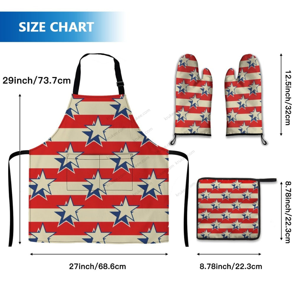 America Patriotic Red White Blue 5 Pack Kitchen Set (Set Of Apron 2 Oven Mitt And Pot Holder)