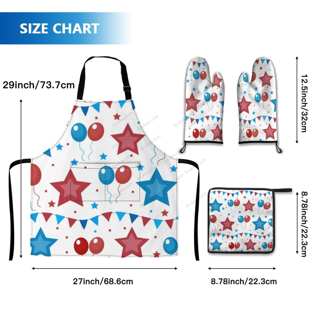 America Patriotic Red White Blue 4 Pack Kitchen Set (Set Of Apron 2 Oven Mitt And Pot Holder)
