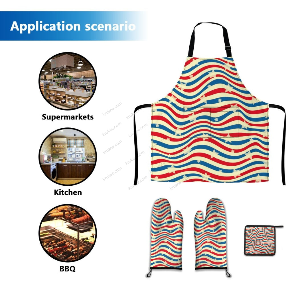 America Patriotic Red White Blue 4 Pack Kitchen Set (Set Of Apron 2 Oven Mitt And Pot Holder)