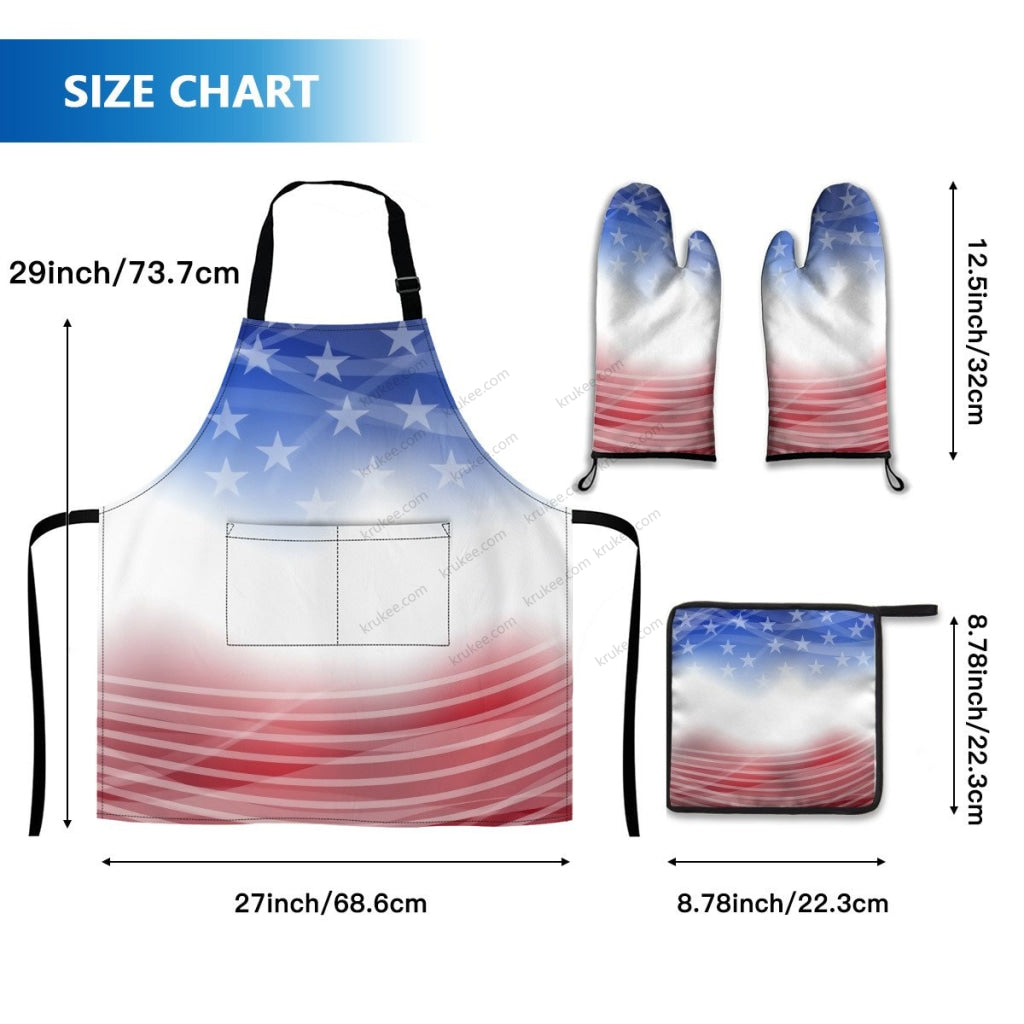 America Patriotic Red White Blue 4 Pack Kitchen Set (Set Of Apron 2 Oven Mitt And Pot Holder)