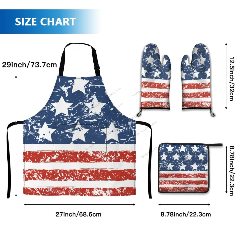 America Patriotic Red White Blue 4 Pack Kitchen Set (Set Of Apron 2 Oven Mitt And Pot Holder)