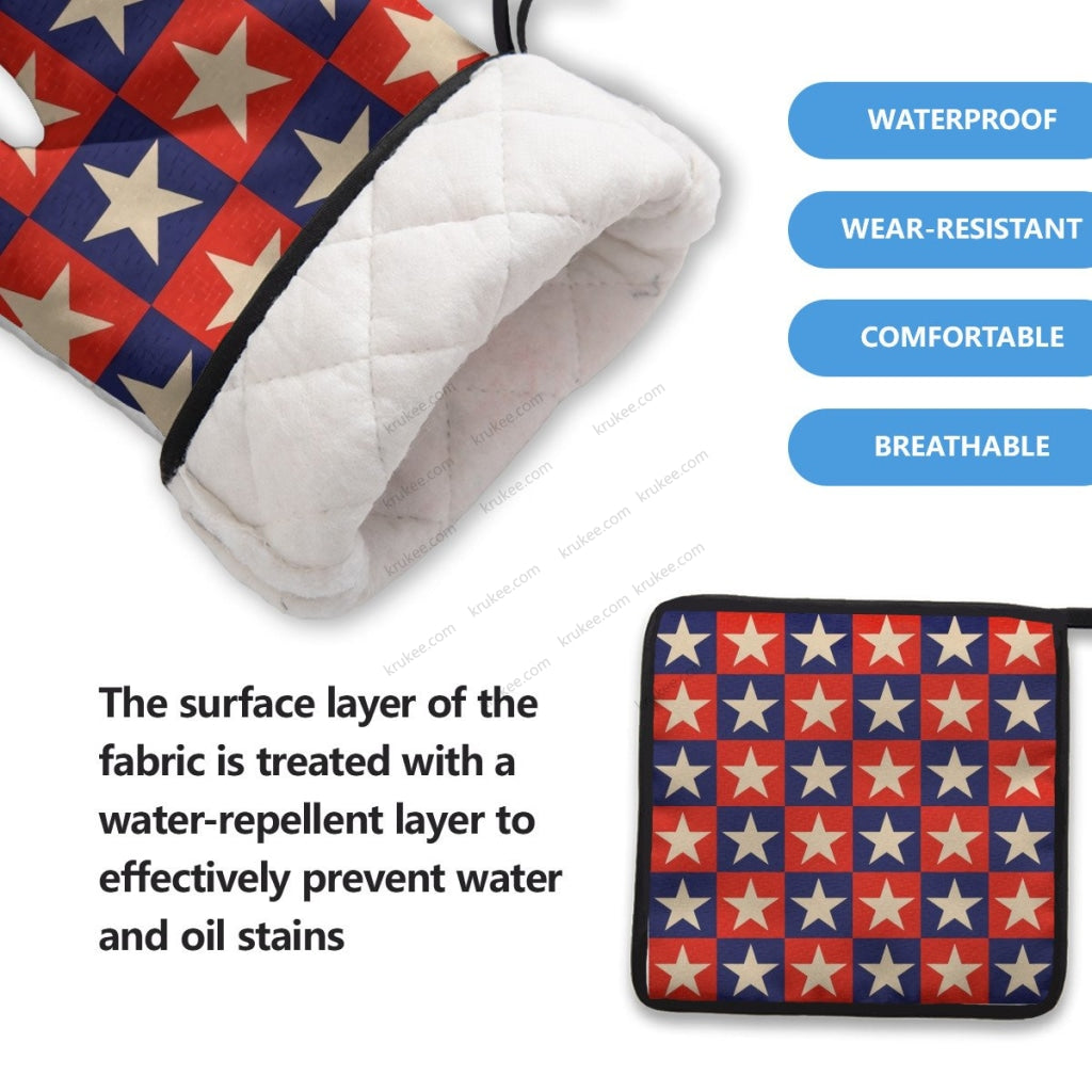 America Patriotic Red White Blue 4 Pack Kitchen Set (Set Of Apron 2 Oven Mitt And Pot Holder)