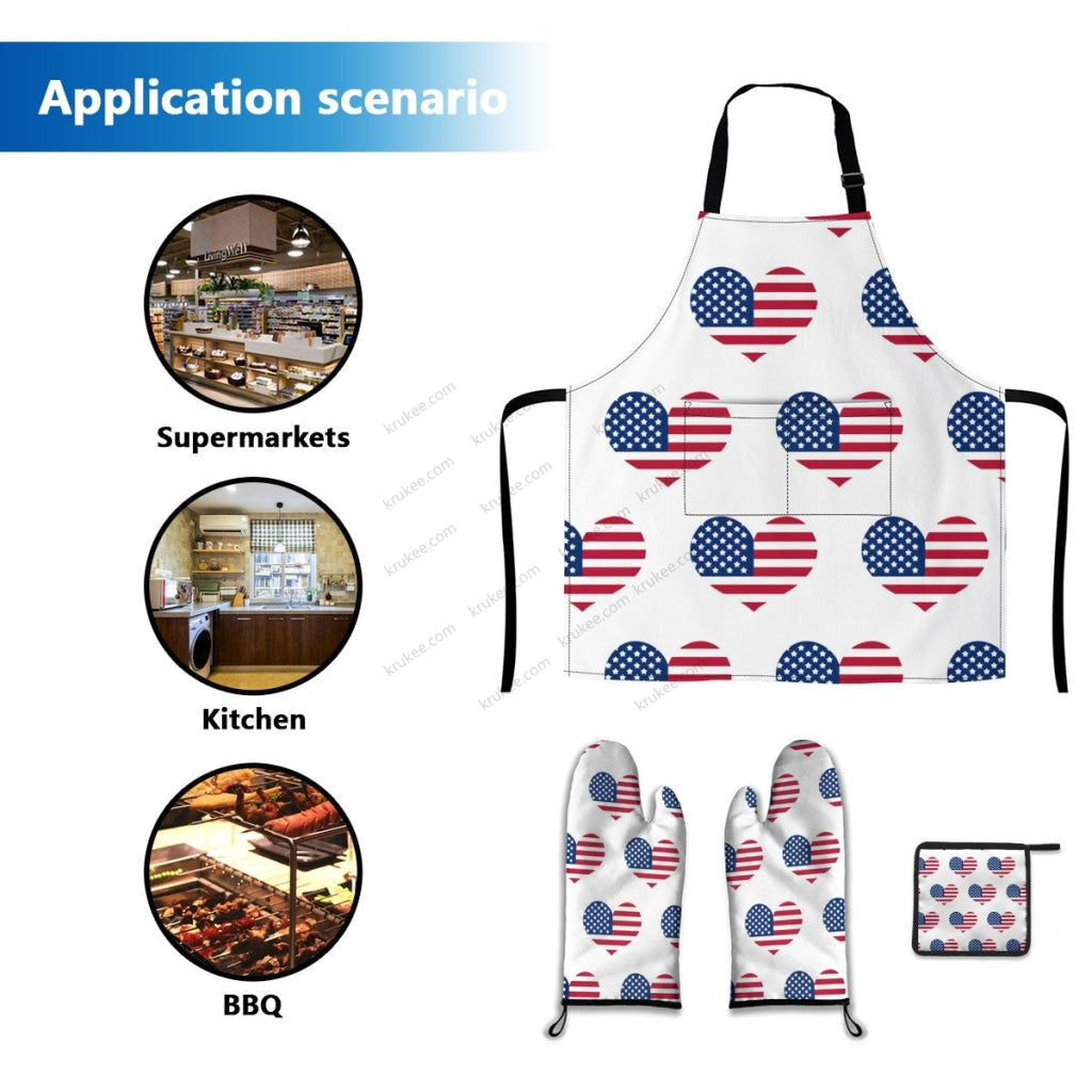 America Patriotic Red White Blue 4 Pack Kitchen Set (Set Of Apron 2 Oven Mitt And Pot Holder)