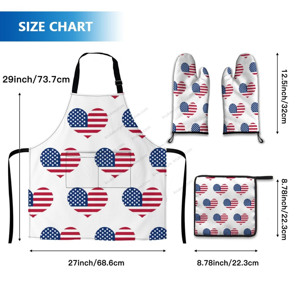 America Patriotic Red White Blue 4 Pack Kitchen Set (Set Of Apron 2 Oven Mitt And Pot Holder)