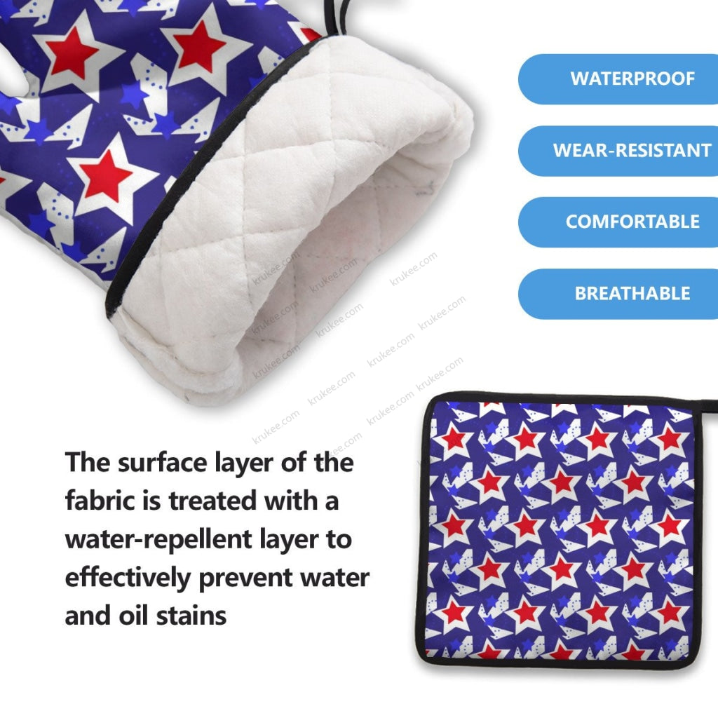 America Patriotic Red White Blue 4 Pack Kitchen Set (Set Of Apron 2 Oven Mitt And Pot Holder)