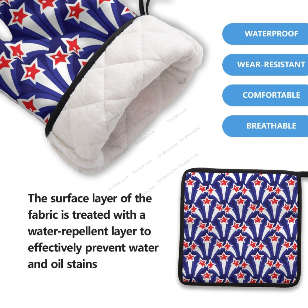 America Patriotic Red White Blue 4 Pack Kitchen Set (Set Of Apron 2 Oven Mitt And Pot Holder)
