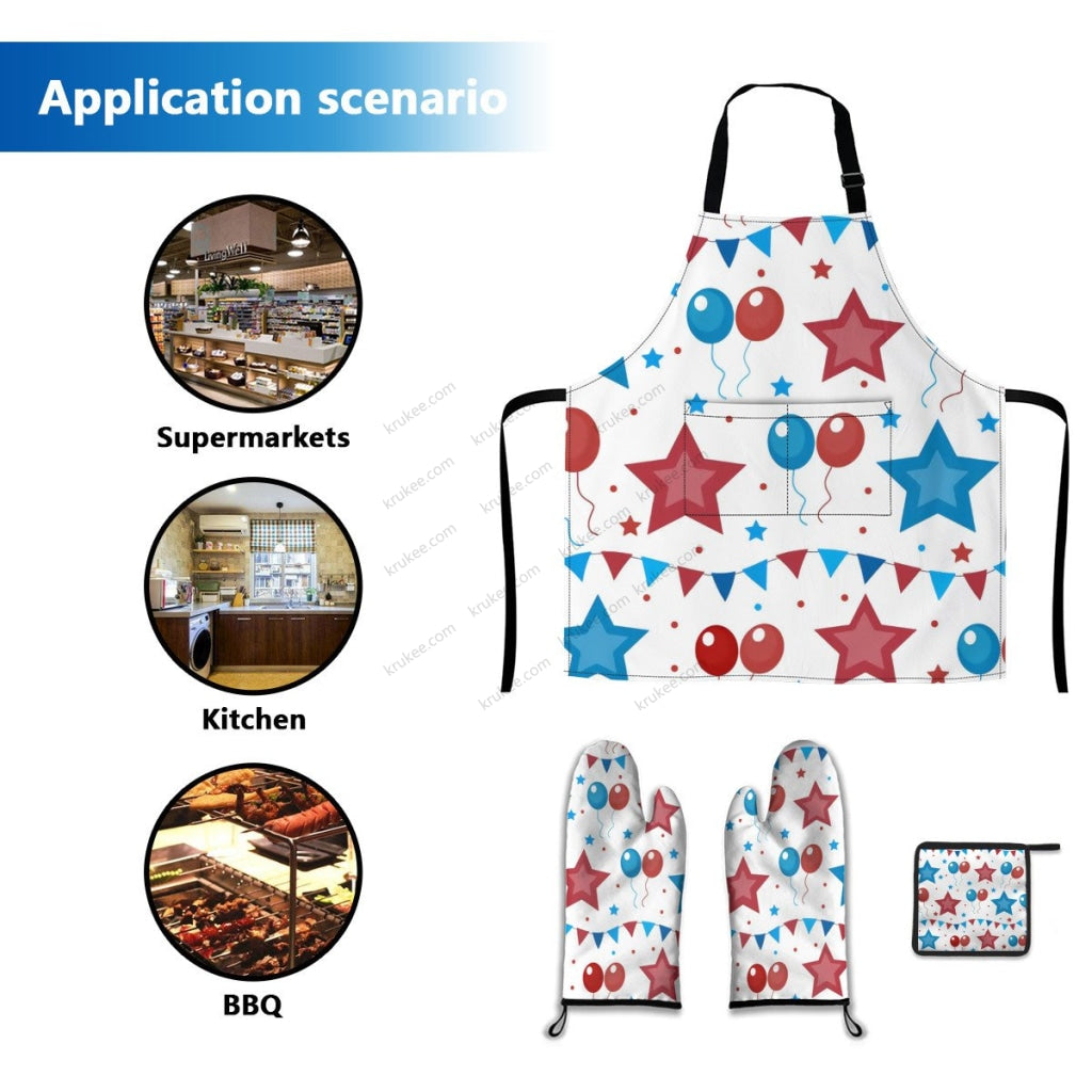 America Patriotic Red White Blue 4 Pack Kitchen Set (Set Of Apron 2 Oven Mitt And Pot Holder)