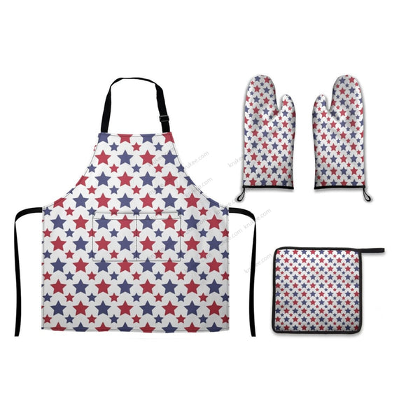 America Patriotic Red White Blue 4 Pack Kitchen Set (Set Of Apron 2 Oven Mitt And Pot Holder)