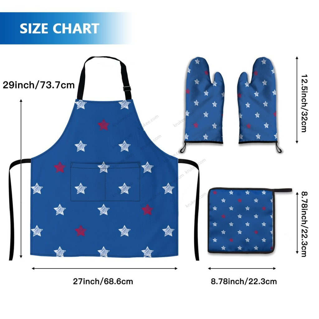 America Patriotic Red White Blue 4 Pack Kitchen Set (Set Of Apron 2 Oven Mitt And Pot Holder)