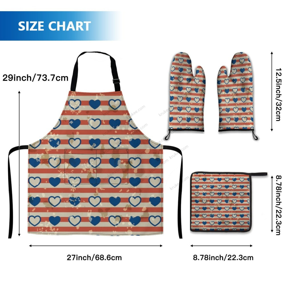 America Patriotic Red White Blue 4 Pack Kitchen Set (Set Of Apron 2 Oven Mitt And Pot Holder)