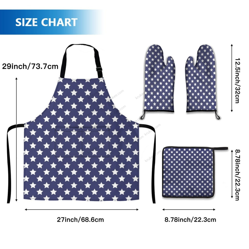 America Patriotic Red White Blue 4 Pack Kitchen Set (Set Of Apron 2 Oven Mitt And Pot Holder)
