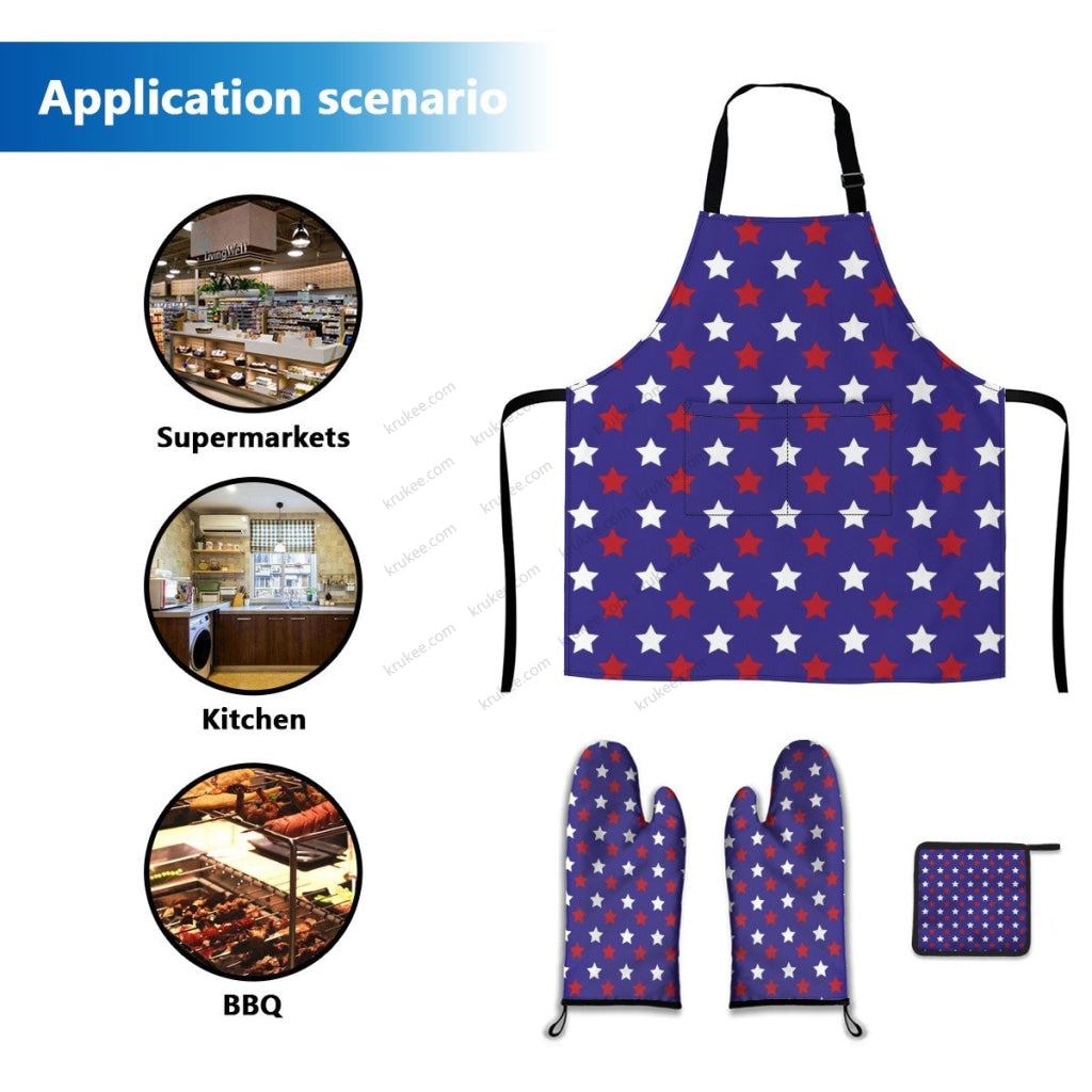 America Patriotic Red White Blue 4 Pack Kitchen Set (Set Of Apron 2 Oven Mitt And Pot Holder)