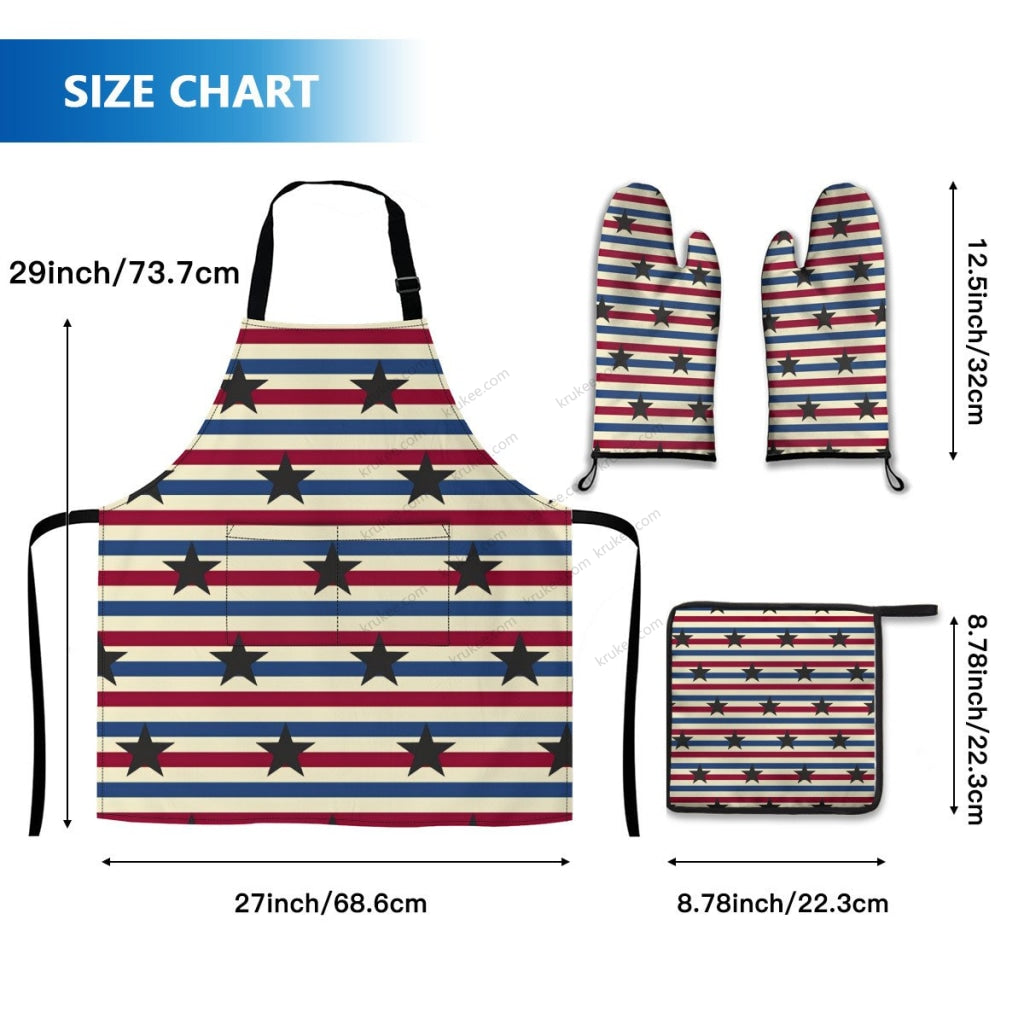 America Patriotic Red White Blue 4 Pack Kitchen Set (Set Of Apron 2 Oven Mitt And Pot Holder)