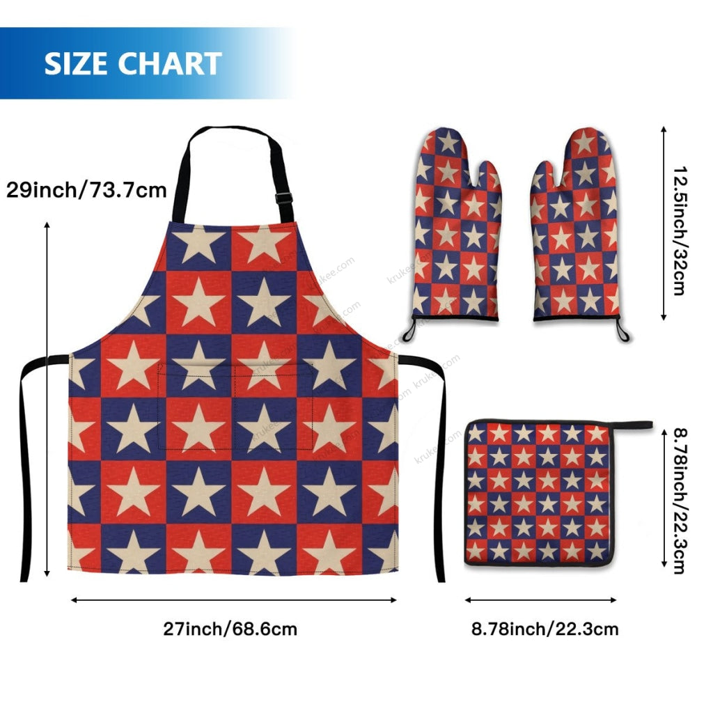 America Patriotic Red White Blue 4 Pack Kitchen Set (Set Of Apron 2 Oven Mitt And Pot Holder)