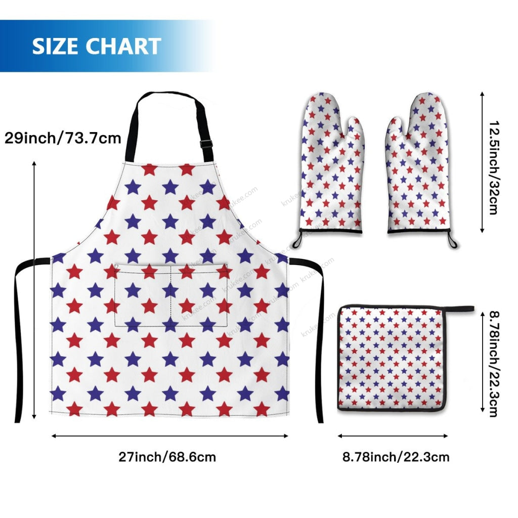 America Patriotic Red White Blue 4 Pack Kitchen Set (Set Of Apron 2 Oven Mitt And Pot Holder)