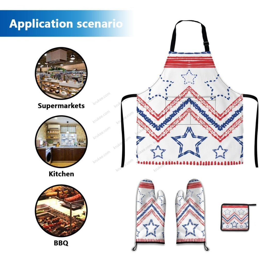 America Patriotic Red White Blue 4 Pack Kitchen Set (Set Of Apron 2 Oven Mitt And Pot Holder)