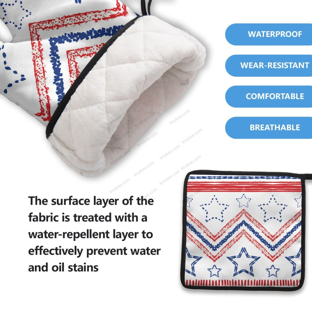 America Patriotic Red White Blue 4 Pack Kitchen Set (Set Of Apron 2 Oven Mitt And Pot Holder)