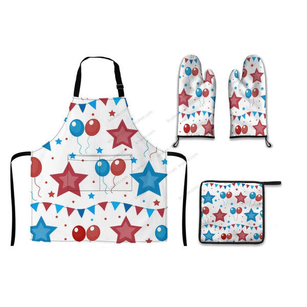 America Patriotic Red White Blue 4 Pack Kitchen Set (Set Of Apron 2 Oven Mitt And Pot Holder)