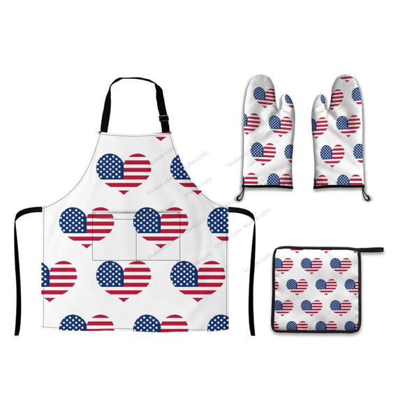 America Patriotic Red White Blue 4 Pack Kitchen Set (Set Of Apron 2 Oven Mitt And Pot Holder)