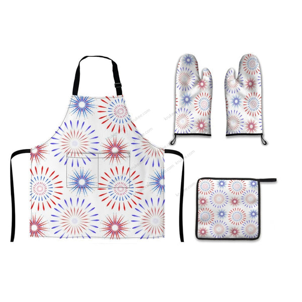 America Patriotic Red White Blue 4 Pack Kitchen Set (Set Of Apron 2 Oven Mitt And Pot Holder)
