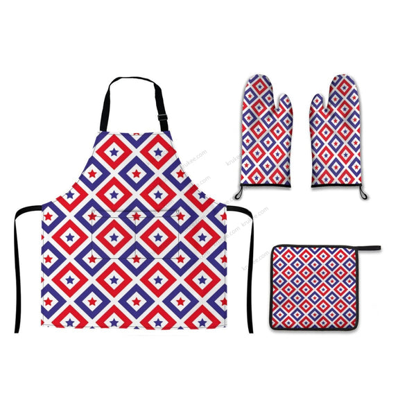 America Patriotic Red White Blue 4 Pack Kitchen Set (Set Of Apron 2 Oven Mitt And Pot Holder)