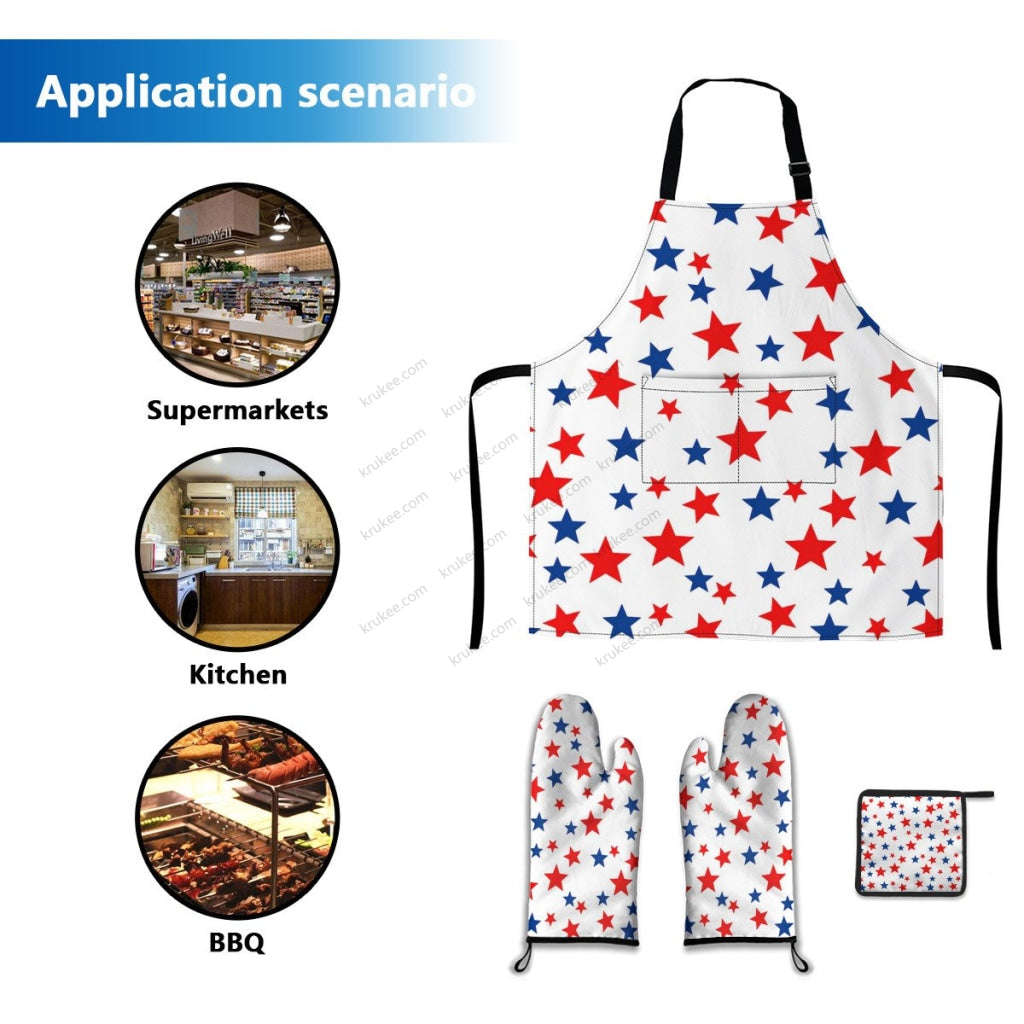 America Patriotic Red White Blue 4 Pack Kitchen Set (Set Of Apron 2 Oven Mitt And Pot Holder)