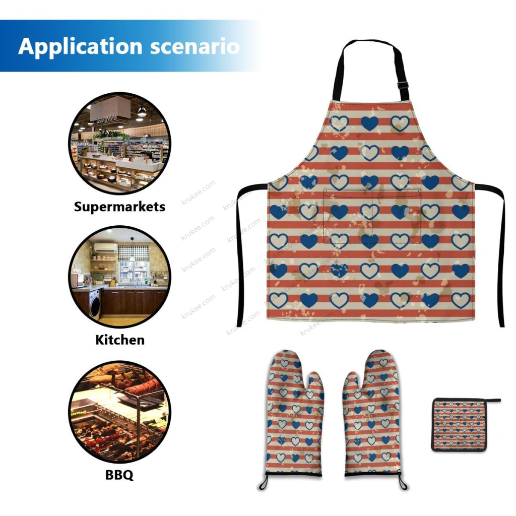 America Patriotic Red White Blue 4 Pack Kitchen Set (Set Of Apron 2 Oven Mitt And Pot Holder)
