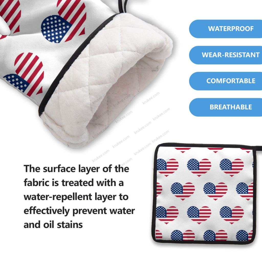America Patriotic Red White Blue 4 Pack Kitchen Set (Set Of Apron 2 Oven Mitt And Pot Holder)