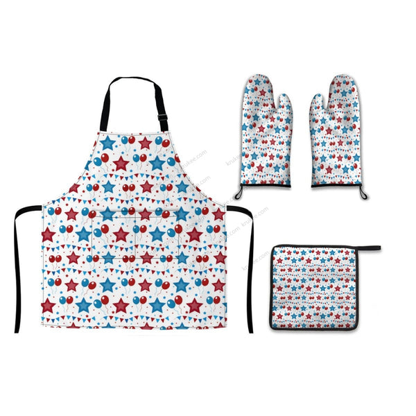 America Patriotic Red White Blue 4 Pack Kitchen Set (Set Of Apron 2 Oven Mitt And Pot Holder)