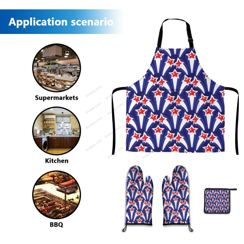 America Patriotic Red White Blue 4 Pack Kitchen Set (Set Of Apron 2 Oven Mitt And Pot Holder)