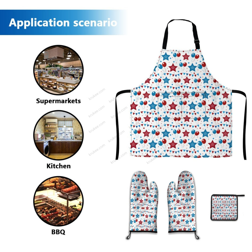 America Patriotic Red White Blue 4 Pack Kitchen Set (Set Of Apron 2 Oven Mitt And Pot Holder)