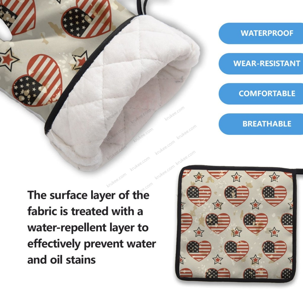 America Patriotic Red White Blue 4 Pack Kitchen Set (Set Of Apron 2 Oven Mitt And Pot Holder)
