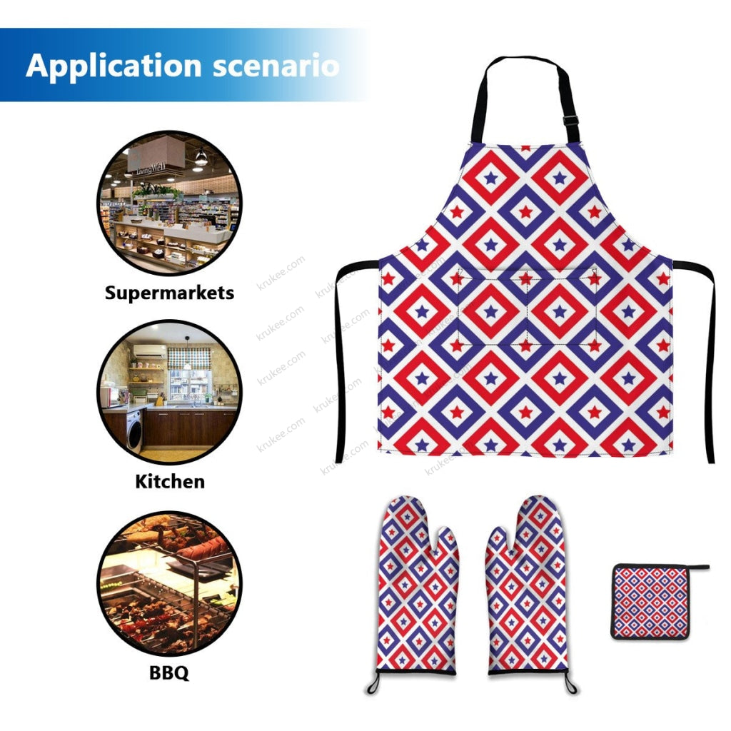 America Patriotic Red White Blue 4 Pack Kitchen Set (Set Of Apron 2 Oven Mitt And Pot Holder)