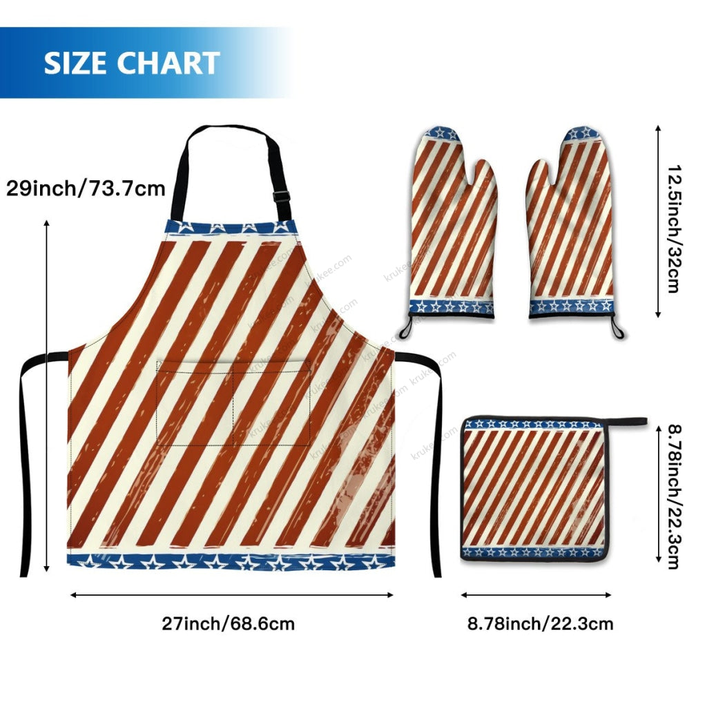 America Patriotic Red White Blue 5 Pack Kitchen Set (Set Of Apron 2 Oven Mitt And Pot Holder)