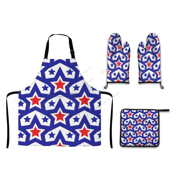 America Patriotic Red White Blue 5 Pack Kitchen Set (Set Of Apron 2 Oven Mitt And Pot Holder) Silver