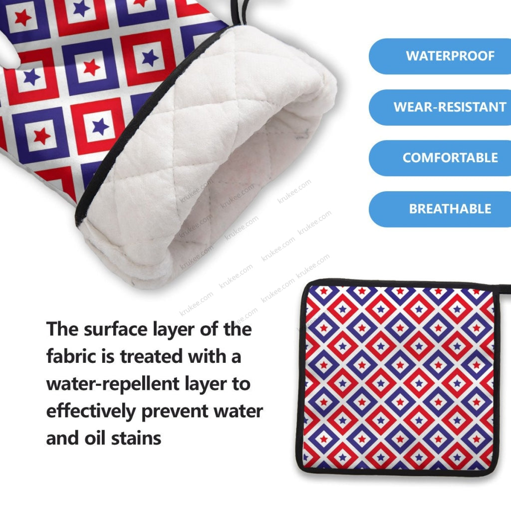 America Patriotic Red White Blue 4 Pack Kitchen Set (Set Of Apron 2 Oven Mitt And Pot Holder)